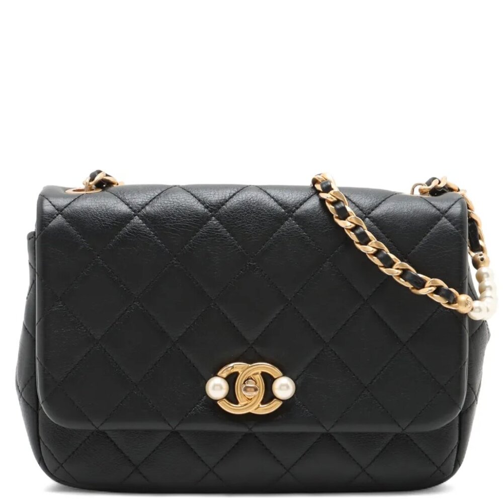 Glazed Calfskin Quilted Pearl Side Flap Black - COA included w/purchase